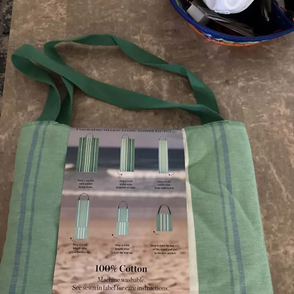 Himatsingka America Beach Towel Tote Bag Green Multicolor Striped 2-in-1 Cotton